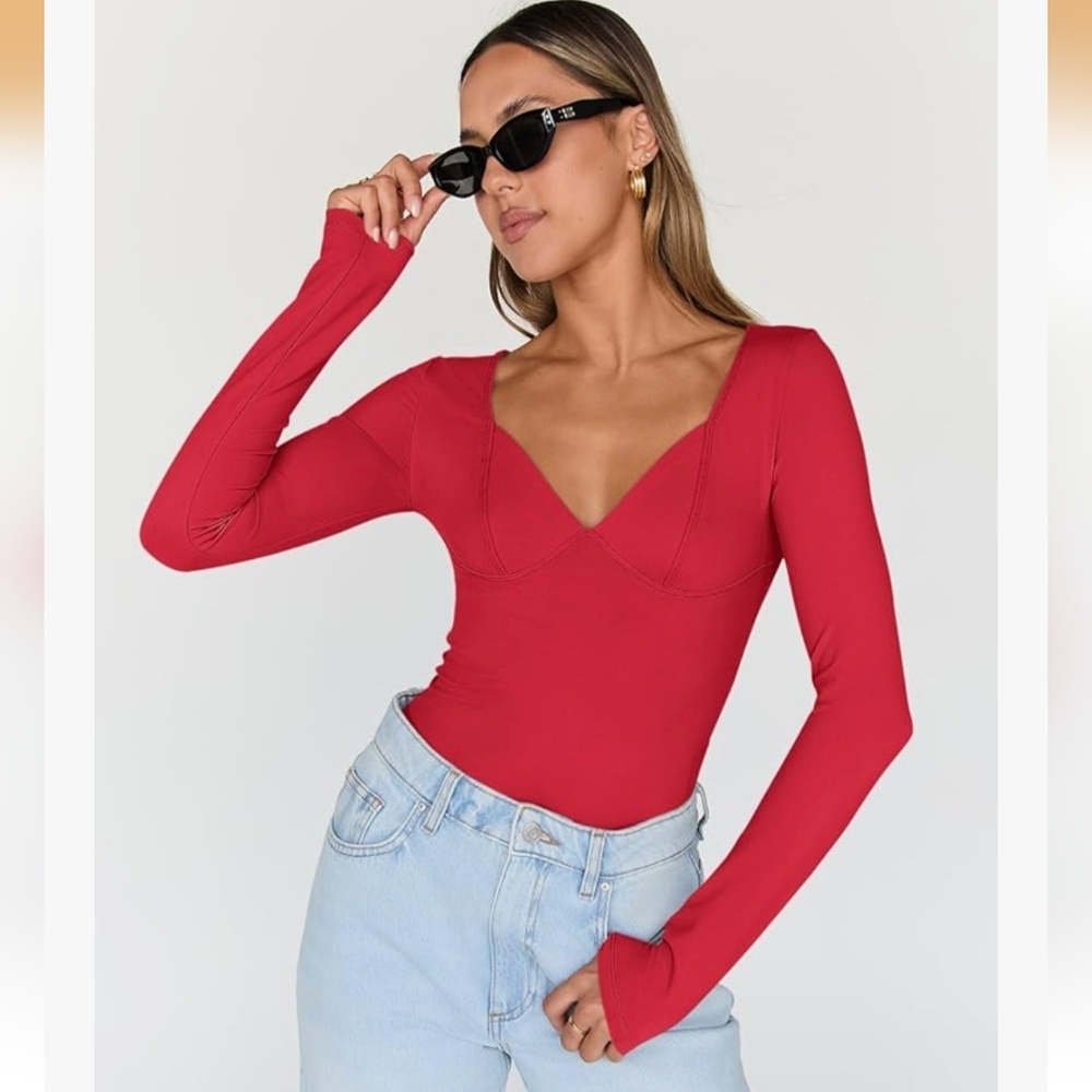 Chic Red Long Sleeve Bodysuit